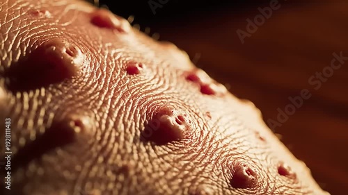 Close-up view of human skin with irregularly distributed eruptive marks and slight epidermal texture