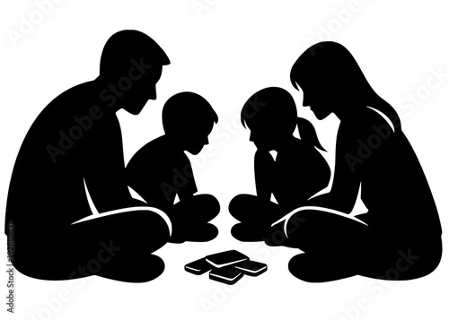 Family Sitting In Circle Ignoring Smartphones, Screen Free Family Time Human Connection Concept, Black Vector Silhouette

