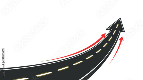 Long asphalt road curved into the shape of a giant upward pointing arrow representing the journey toward success.