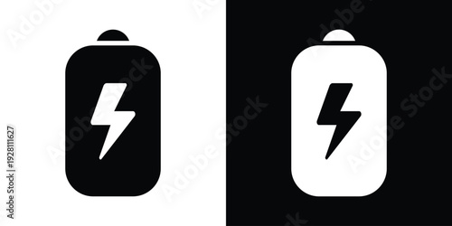 Vertical battery icon with a lightning bolt symbol. Modern flat vector graphic representing charging status, energy refill, and electrical power supply for digital devices.