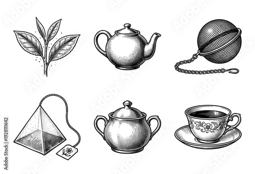 Vintage tea set collection featuring hand drawn engraving style illustrations of teapot, teacup, sugar bowl, and infuser accessories.