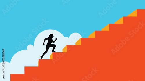 Energetic woman silhouette running up a flight of bright orange stairs representing career growth and empowerment.