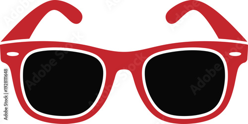 A simple illustration of a pair of red sunglasses with black lenses.