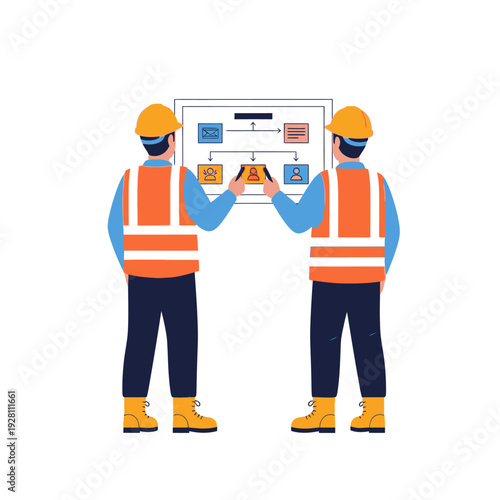 Construction Engineers Analyzing Workflow Diagram - Project Planning, Team Collaboration & Process Optimization