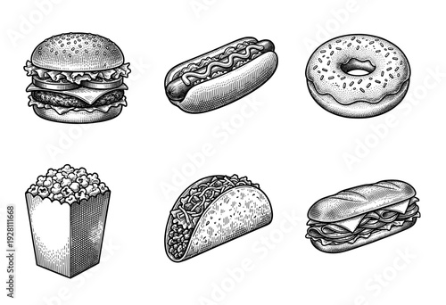 Vintage hand drawn engraving style fast food collection featuring burger hot dog donut popcorn taco and submarine sandwich