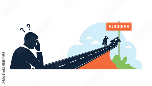 Pensive businessman contemplating a road to success while another person is seen in the distance reaching goals.