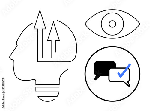 Human head outline with upward arrows, an eye, and speech bubbles with a checkmark. Ideal for ideas, self-improvement, growth, solutions, learning communication awareness. Simple flat metaphor