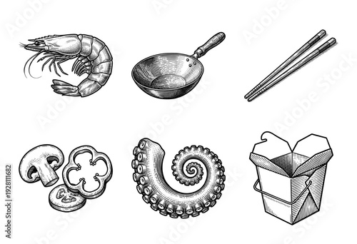 Vintage engraving style collection of seafood stir fry ingredients and asian takeout elements featuring shrimp octopus and wok