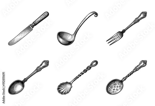 Vintage engraving style collection of antique silverware including knives, forks, ladles, and decorative spoons for kitchen and dining illustrations.