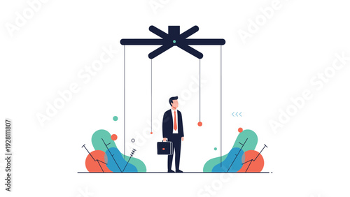 Professional businessman standing under a wooden puppet controller representing manipulation and corporate control.
