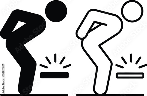 Two stick figures lifting objects with bent knees to avoid back strain.