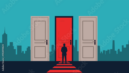 Businessman choosing the central red door among several grey doors representing a unique opportunity or choice.