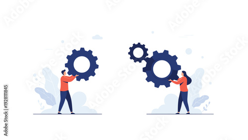 Collaborative team of professionals works together to align giant gears representing effective synergy and mechanical cooperation.