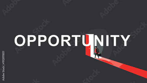 Businessman enters an open door within the word opportunity symbolizing new beginnings and career growth possibilities in a dark room.
