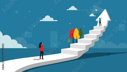 Ambitious individuals climb a staircase designed as an upward arrow reaching for success and peak performance in a business world.