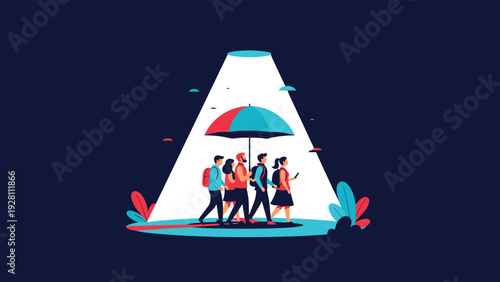 Diverse group of people finds protection and guidance under a large umbrella illuminated by a single spotlight on a dark background.