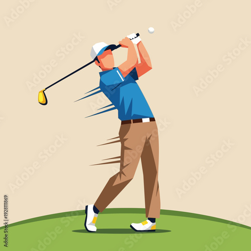 Golfer swinging club on green course, dynamic motion blur, hitting golf ball