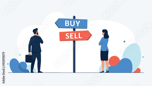 Investor and trader stand at a crossroads with signposts for buying and selling decisions in the volatile financial stock market.