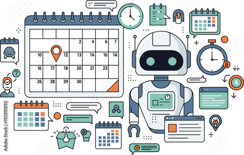 AI robot calendar scheduling assistant managing tasks reminders time planning automation productivity chatbot technology workflow management illustration concept