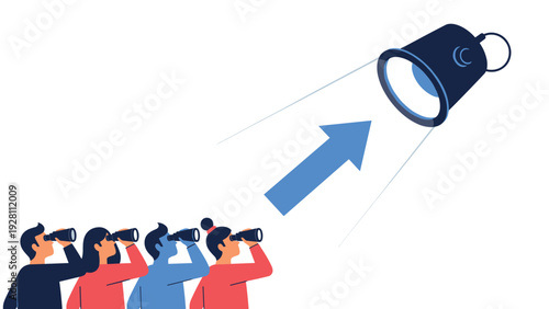 Group of observers uses binoculars to focus on a bright spotlight beam directed by a large lamp representing collective vision.
