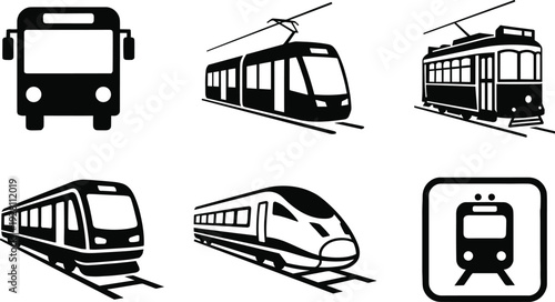 Urban Public Transportation Icon Set Featuring Bus, Tram, Subway, High Speed Train and Railway Transit Silhouettes for City Mobility Design