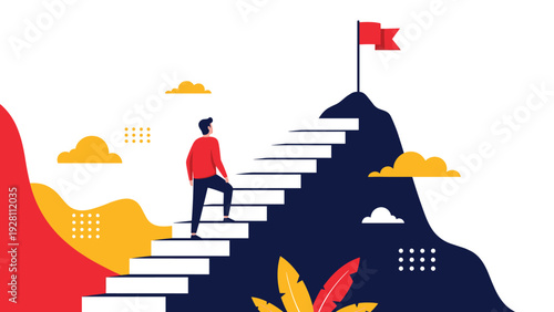Motivated man climbs a steep white staircase built on a mountain peak to reach a red flag signifying the ultimate achievement.