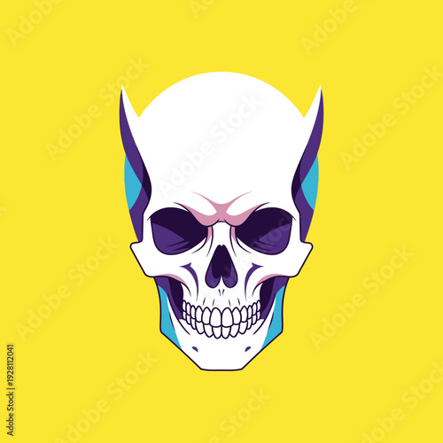Stylized Skull with Devil Horns and Yellow Background