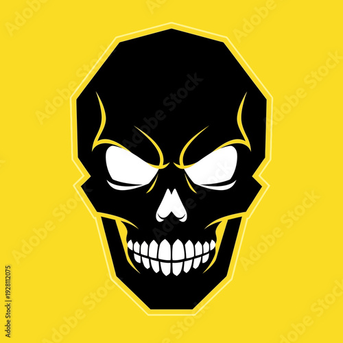 Black Skull With Evil Grin, White Eyes, Yellow Outline, On Yellow Background