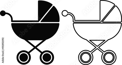 A black and white illustration of two baby carriages side by side on a plain background.