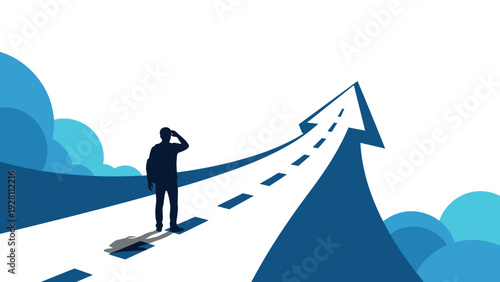 Silhouette of a traveler stands on an arrow shaped road that curves upward into the sky representing a clear path to career growth.