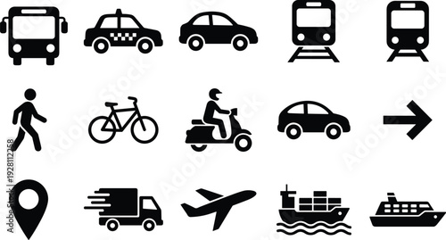 Transportation and Travel Icon Set Featuring Bus, Taxi, Bicycle, Train, Airplane, Ship and Delivery Vehicle Silhouettes for Mobility Design