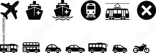 Transportation and Emergency Vehicle Icon Set Featuring Airplane, Ambulance Ship, Train, Tram, Bus, Car and Motorcycle Silhouettes for Mobility Design