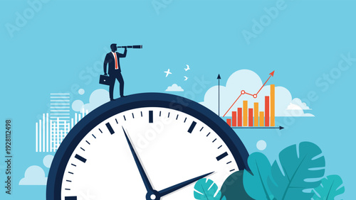 Strategist with a telescope stands on a giant clock overlooking a city skyline and growth charts representing time management.