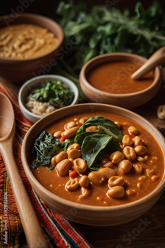 Traditional African Groundnut Stew with Leafy Greens and Maize Porridge, authentic food