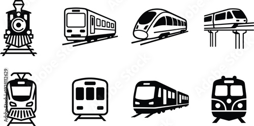 Train and Railway Transportation Icon Set Featuring Metro, High Speed Rail, Monorail and Locomotive Silhouettes for Transit DesignTrain