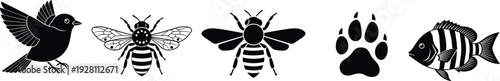 Wildlife animal icons set with bird bees paw print and fish symbols black white flat vector illustration isolated