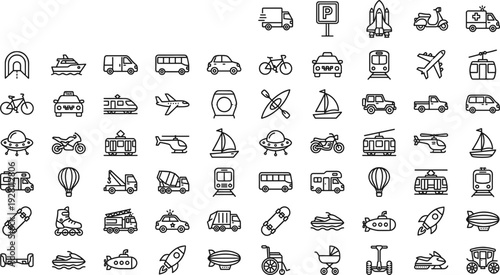 Transportation vehicle line icons collection featuring cars trucks bicycles airplanes boats trains scooters and construction equipment set