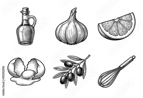 Set of hand drawn culinary ingredients and kitchen tools featuring engraving style illustrations of olive oil, garlic, lemon, egg, olives, and a whisk