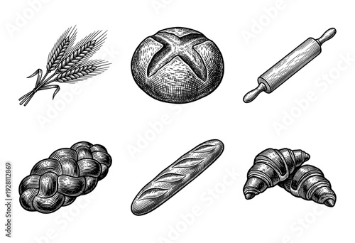 Vintage hand drawn bakery set featuring wheat stalks bread loaf rolling pin challah baguette and croissants in woodcut engraving style