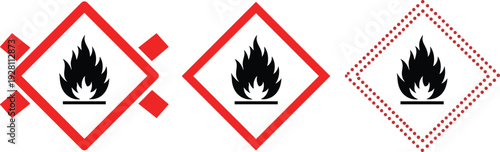 Flammable warning symbols set different red outline designs with black flame icons