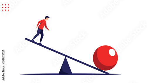 Person on a simple see-saw balances a massive red sphere against their own weight illustrating the challenge of managing a burden.