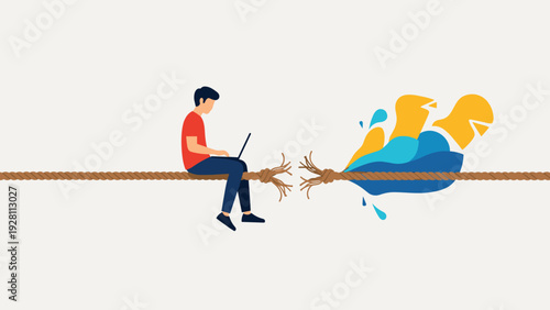 Determined businessman sitting on a thick rope using a laptop while the cord begins to fray and break under his weight.