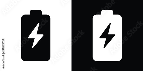 Vertical battery icon with a lightning bolt symbol. Modern flat vector graphic representing charging status, energy refill, and electrical power supply for digital devices.