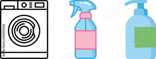 Washing machine and cleaning detergent bottles icons set for laundry hygiene and household care