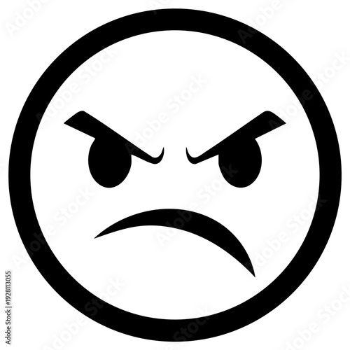 Angry black and white grumpy face emoji icon for professional digital interface