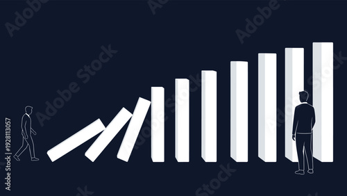 Man walking away from a line of falling domino blocks as they crash down while another man watches the event nearby.