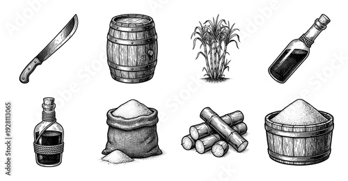 Vintage engraving style collection of sugarcane production elements including stalks, sugar sacks, rum bottles, and harvest tools
