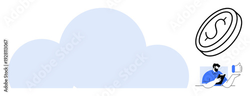 Cloud technology, financial transactions, e-commerce, digital storage, user interaction, digital currency. Blue cloud icon, currency symbol and person using a device. Cloud technology and financial