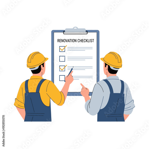 Construction Workers Reviewing Renovation Checklist for Home Improvement Planning and Project Management