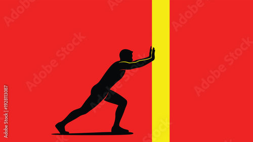 Determined businessman pushing with all his strength against a solid yellow vertical barrier on a bright red background.